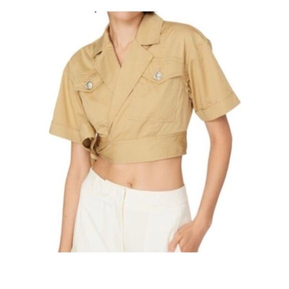 EUC! DEREK LAM Collective Cropped S/S Wrap Jacket Khaki Cotton Utility 42 S - Picture 1 of 12